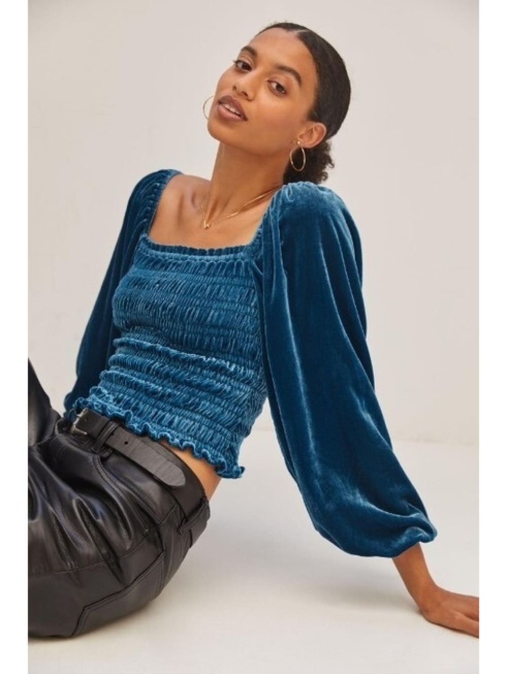 By Anthropologie | Velvet Smocked Square Neck Top L Blue Long Sleeve